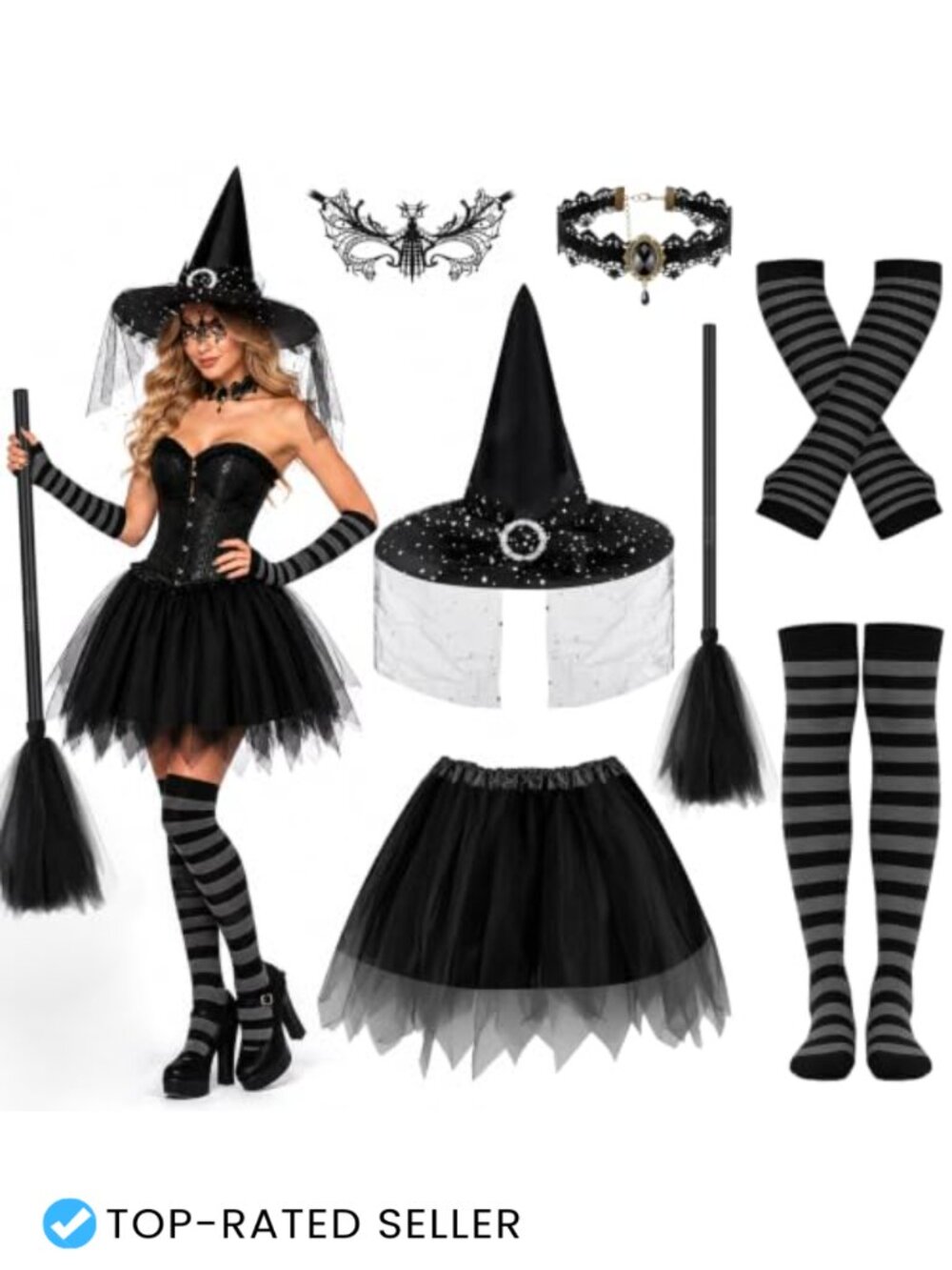 Witch Costume Set Hat Tutu Skirt Choker Mask Socks Gloves Women Cosplay